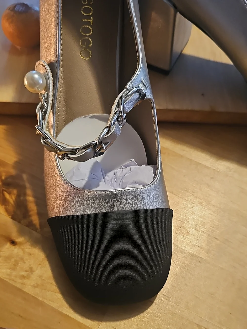 Silver and Black Mary Jane Block Heel Pumps with Pearl Accent